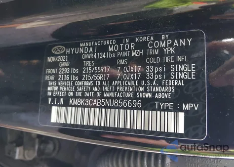 2022 Hyundai Kona Sel z USA, uszkodzony, nr VIN KM8K3CAB5NU856696